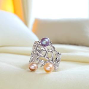 10584DIY Support de bague en argent S925 vide avec perles rondes de 8-10 mm, accessoires pour bague à double perle, bijoux en argent élégants - Product Image 1