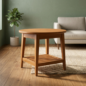 Table à manger ronde en teck avec étagère à lattes, design scandinave moderne, écologique, durable, stable, meubles pour la maison, pour une utilisation scolaire - Product Image 3
