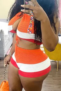 Shorts a righe arancioni in maglia a maglia con stile arancione set in due pezzi da donna con lacci senza maniche Top corto senza schienale + Shorts outfit - Product Image 3