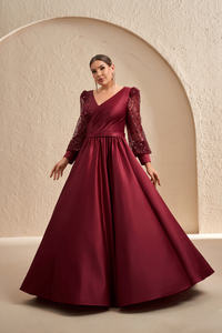 Robe de soirée grande taille Sharon Said SF621 à manches longues, ornée de sequins et de perles, avec ceinture plissée et taille naturelle, pour mariage et soirée (neuf) - Product Image 5
