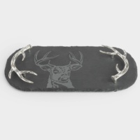 Grand plateau de service ovale gris foncé écologique de luxe en ardoise et métal avec poignées en bois de cerf, plateau à fromage pour cadeaux