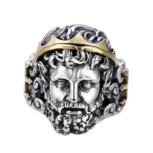 BOCAI S925 Sterling Silver Banhado A Ouro Pedra Natural Charme Anel para Homens Nova Moda Retro Zeus Cabeça Retrato Ajustável Jóias - Product Image 1