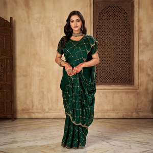 Abhi Fashion Saree de créateur ethnique pour occasions spéciales, en satin élégant, orné de perles, pour femmes, idéal pour les mariages, les réceptions et les festivals - Product Image 1