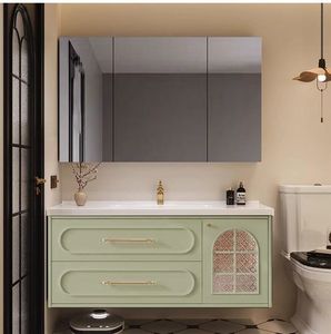 Mueble de baño estilo retro con espejo inteligente, lavabo de cerámica integrado, se puede personalizar - Product Image 6