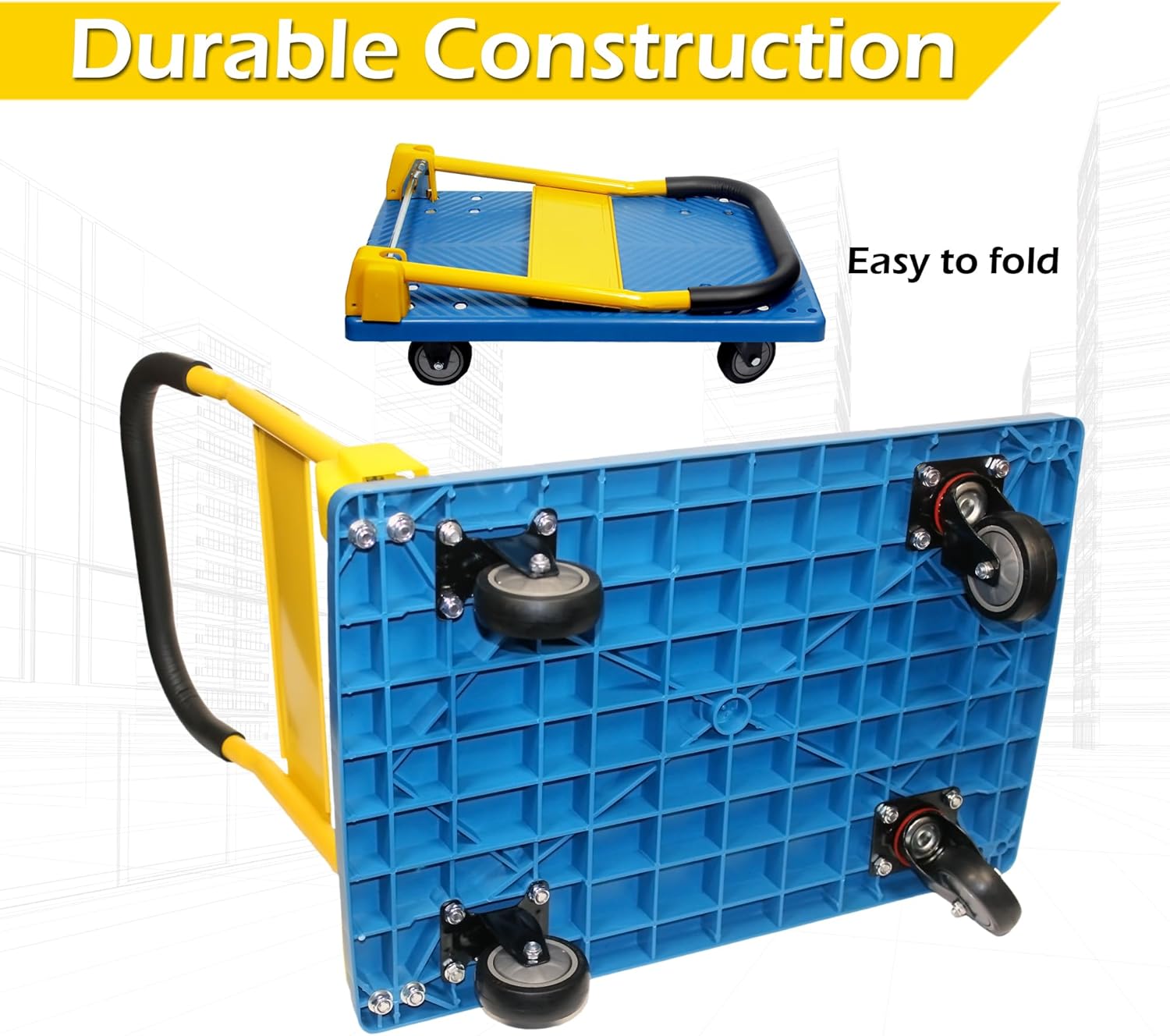 Large Size 880lbs Foldable Push Cart Portable Platform Trolley for Tools Industrial Transportation Use Steel Plastic 300kg