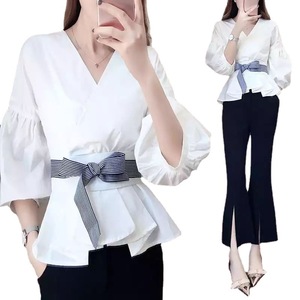 Camicia <span class=keywords><strong>Oversize</strong></span> con maniche a lanterna all'ingrosso camicia da <span class=keywords><strong>donna</strong></span> alla moda coreana con fiocco a strisce con scollo a v elegante camicetta femminile <span class=keywords><strong>abbigliamento</strong></span> da <span class=keywords><strong>donna</strong></span> - Product Image 6