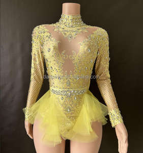 Robe de danse sexy et brillante avec strass, combinaison en tulle rose élastique amincissante, <span class=keywords><strong>costume</strong></span> de scène - Product Image 3