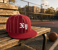 Casquette de baseball structurée à 6 panneaux, brodée sur mesure, style sportif, motif fruit, bordeaux à fines rayures blanches, visière plate, ajustable