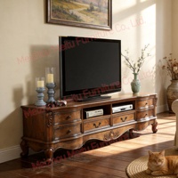 Meuble TV bas vintage en cerisier avec tiroirs, console en bois massif sculpté style farmhouse, meuble TV classique américain pour salon