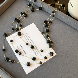 Crystal <b>Necklace</b> Multi Layer Geometric Black Cube Women's Everyday Wear <b>Long</b> Chain U Shape Fashion Jewelry Accessory - Product Image 2