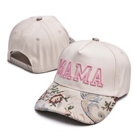 Topi Baseball Wanita 5 Panel MAMA Bordir Logo 3D Motif Bunga Custom Logo Katun Dua Warna