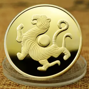 화이트 호랑이 금도금 동전 중국 풍수 신화 짐승 행운의 동전