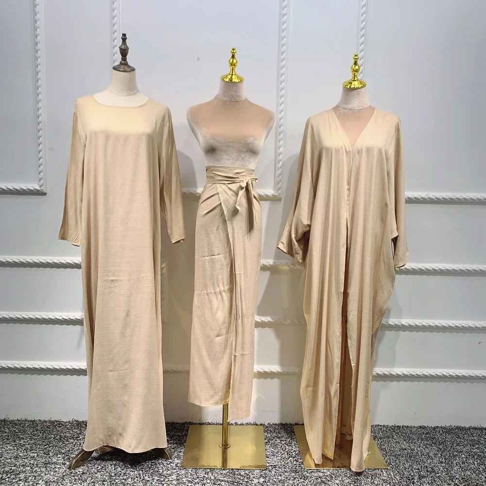 Loriya Top Selling high quality Muslim women Abaya 3pcs Set kimono open Cardigan Islamic Clothing