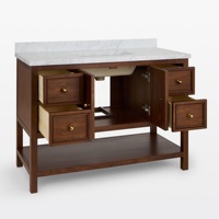 Meuble-lavabo de salle de bain style ferme avec comptoir en marbre de Carrare, lavabo simple, 4 tiroirs et 2 portes à fermeture douce, étagère de rangement ouverte