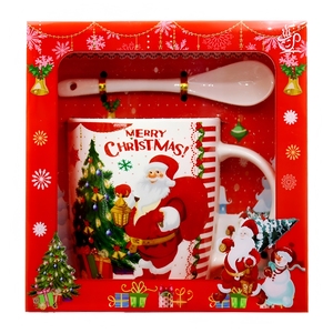Ensemble de tasses et cuillères de Noël, design festif, céramique de vacances, tasse à café pour la famille et les amis, cadeaux de Noël, imprimé bonhomme de neige et arbre - Product Image 1