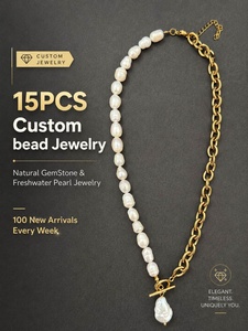 Collier ras du cou personnalisé à faible MOQ, en acier inoxydable plaqué or, avec perles baroques d'eau douce et pierres naturelles délicates, pour marque de boutique - Product Image 1