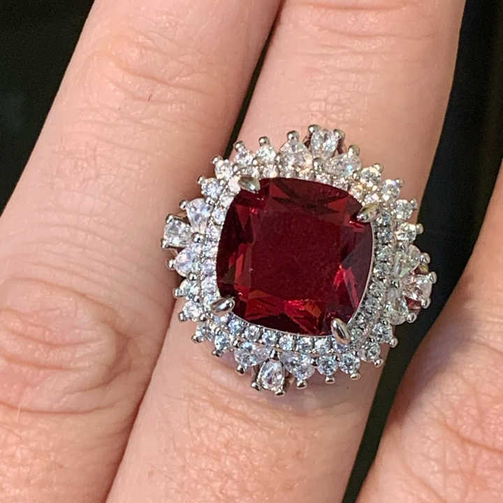 CAOSHI Luxury Ruby Red Crystal Engagement Ring - 925 Silver Plated