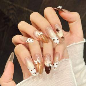 Nouveau produit lancé : Ongles à presser faits main, motif œil de chat rayé marron, design nœud, forme carrée, style stiletto, prêts à poser - Product Image 1