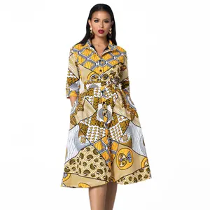 Summer New Design African Kitenge Fashion 100% Cotton Wax Print Stand Collar Women Dresses ODM OEM Service