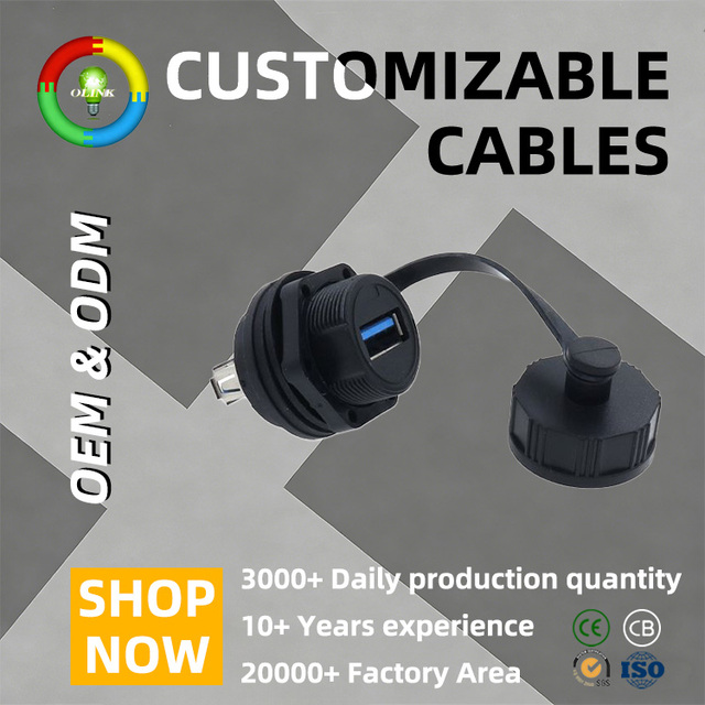 USB Port Panel Mount Female IP67 Waterproof Nylon Cable Connector with Cover