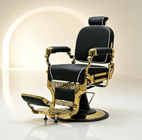 Fauteuil de Barbier Luxe Doré à Cadre Creux Sculpté, en Cuir, Hydraulique, Inclinable, avec Repose-Pieds Réglable pour Salon de Coiffure