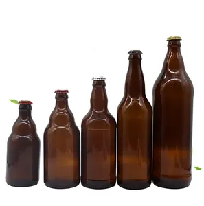 Garrafa de vidro em formato redondo vazio, garrafa de vidro de bebidas com coroa, 200ml/250ml/330ml, 500ml, 650ml
