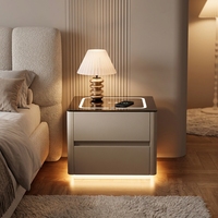 Mesita de Noche Moderna Europea de Madera Maciza Inteligente, con Carga Inalámbrica, Iluminación LED, 2 Cajones, Ecológica y Duradera para Dormitorio