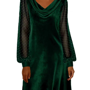 Vestido de malla con cuello en V y color liso para mujer, estilo europeo y americano, nueva colección primavera 2026 - Product Image 1