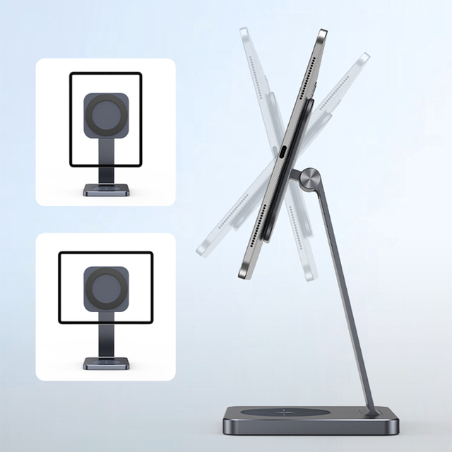 2026 Premium Aluminum Magnetic Tablet Stand for iPad Pro Air 2-in-1 15W Wireless Charging Station 360 Rotation Desktop Mount X48