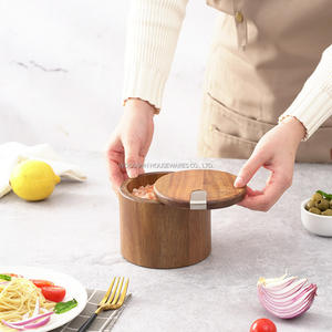 Woodsun Acacia Bois Sel Cave Couvercle Pivotant Boîte À Épices avec Table De Cuisine Sel <span class=keywords><strong>Gourmet</strong></span> Herbes & Assaisonnements Gardien Pot - Product Image 4