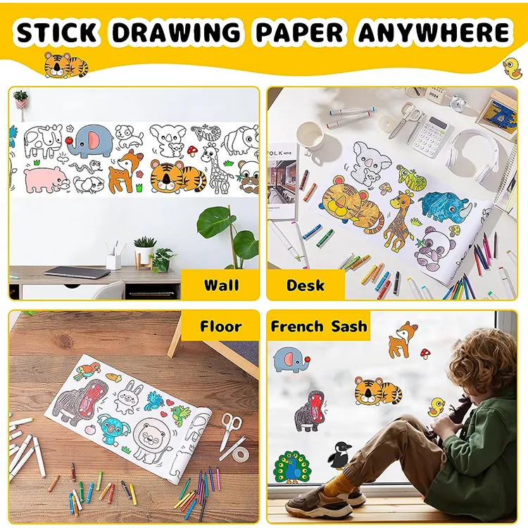 Niños pequeños Niños Niñas Graffiti Scroll DIY Pintura Sticky Coloring Paper Drawing Rolls con lápiz de color