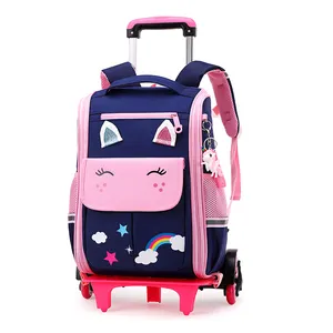 High Quality Kids Cute Unicornio School Bags With Wheels For Girls Waterproof Children Trolley Backpack Detachable Luggage Bag