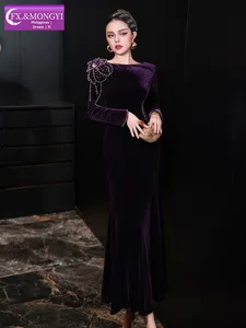 FMY Abito in <span class=keywords><strong>velluto</strong></span> rosso e viola con perline per donna, <span class=keywords><strong>maniche</strong></span> <span class=keywords><strong>lunghe</strong></span>, elegante autunno e inverno, abito da banchetto e da festa 66584 - Product Image 5