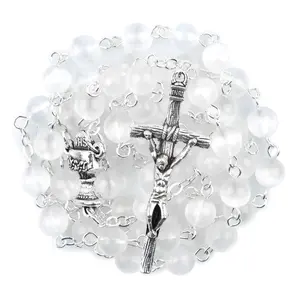 第一圣餐6毫米白色宝石珠子念珠圣杯中心交叉项链天主教念珠
