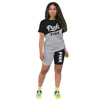 Ensemble deux pièces pour femmes tendance, imprimé lettres roses, avec short au-dessus du genou et t-shirt à manches courtes, respirant et écologique