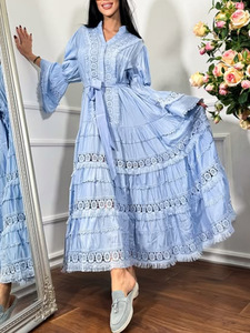 Y0511 Abito Lungo Stile Retrò Francese per Donne, Moda Estiva Casual con Allacciatura in Vita, Design Ricamato, Maniche a Campana, Tinta Unita - Product Image 6