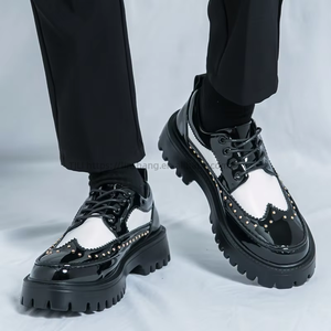 Factory Wholesale Black White Lace-up Brogue <b>Shoes</b> With Chunky Rubber Sole Artificial PU Upper Formal Casual Dress <b>Shoes</b> for - Product Image 4