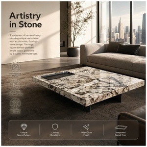 Table basse carrée de luxe moderne <span class=keywords><strong>en</strong></span> quartzite blanc poli pour salon, avec plateau métallique intégré, vente <span class=keywords><strong>en</strong></span> gros - Product Image 1