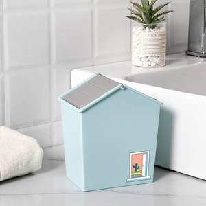 Nordic Cute House Lid Storage Bucket Swing Lid Desktop Trash Can European Style Home Design Indoor Use Rectangular Dark Blue - Product Image 4