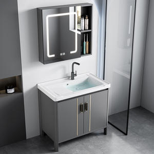 Meuble-lavabo de salle de bain en aluminium gris au design classique, lavabo sur pied de luxe, vasque en céramique monobloc, noir et or - Product Image 2