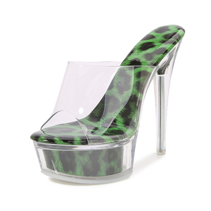 Desfile de <span class=keywords><strong>pasarela</strong></span> de plataforma impermeable con estampado de leopardo de moda europea y americana con tacones delgados y sandalias grandes con tacones de cristal - Product Image 3