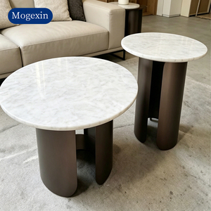 Modern Minimalist <b>Round</b> Marble Side <b>Table</b> Set <b>White</b> Natural Marble Tabletop with Curved Metal Base End <b>Table</b> for Living Room - Product Image 1