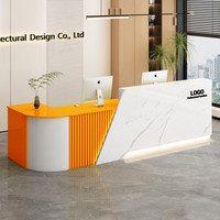 Comptoir de caisse en bois de luxe haut de gamme, en forme de L, incurvé, pour réception commerciale, mobilier de bureau orange-blanc