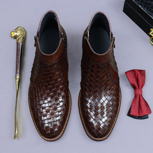Botas de hombre de caña baja, duraderas, de cuero, con suela gruesa y elevada, con textura tejida de alta calidad y cremallera de doble cara, para uso empresarial. - Product Image 4