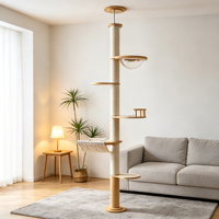 Arbre à chat en pin réglable de 260 cm du sol au plafond avec hamac, capsule acrylique, perchoir à balustrade et poteaux à gratter en sisal pour plusieurs chats