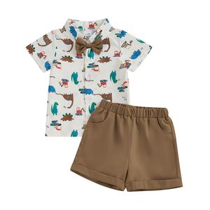 Set di Abbigliamento per Bambini Stile Gentiluomo, 2 Pezzi: Camicia a Maniche Corte con Stampa Dinosauro e Costruzioni, Pantaloncini Marroni con Fiocco per Occasioni Casual - Product Image 6