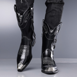 Bottes Western pour Hommes, Longueur Genou, Broderie Faite Main, Fermeture Éclair, Grande Taille, Style Cowgirl, Idéales pour l'Équitation - Product Image 5