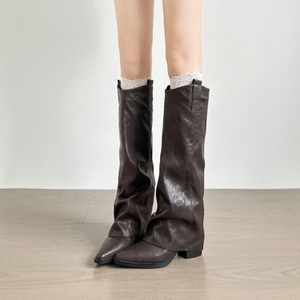 Women's Brown Leather Slouchy Knee High <b>Boots</b> Pointed Toe Low Block Heel Vintage Western Style Casual Footwear - Product Image 1