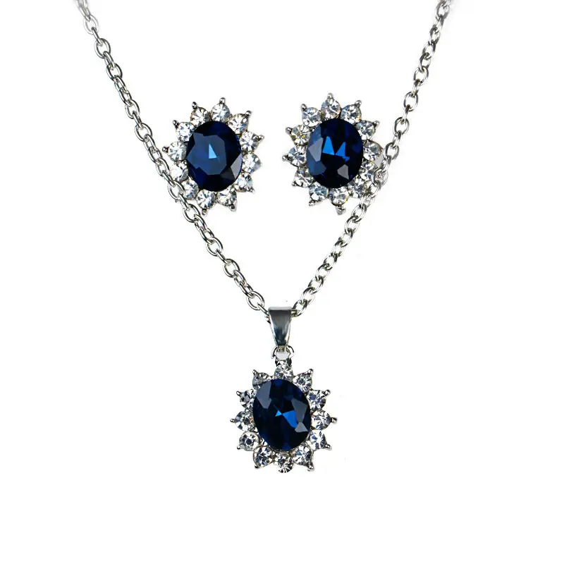 Classic crystal blue gem two-piece earring set and necklace wholesale