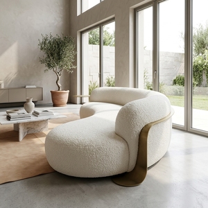 Divano Curvo in Bouclé Bianco con Tavolino Laterale in Metallo, Forma Organica Unica, Divano di Design per Studio Moderno e Luminoso - Product Image 4